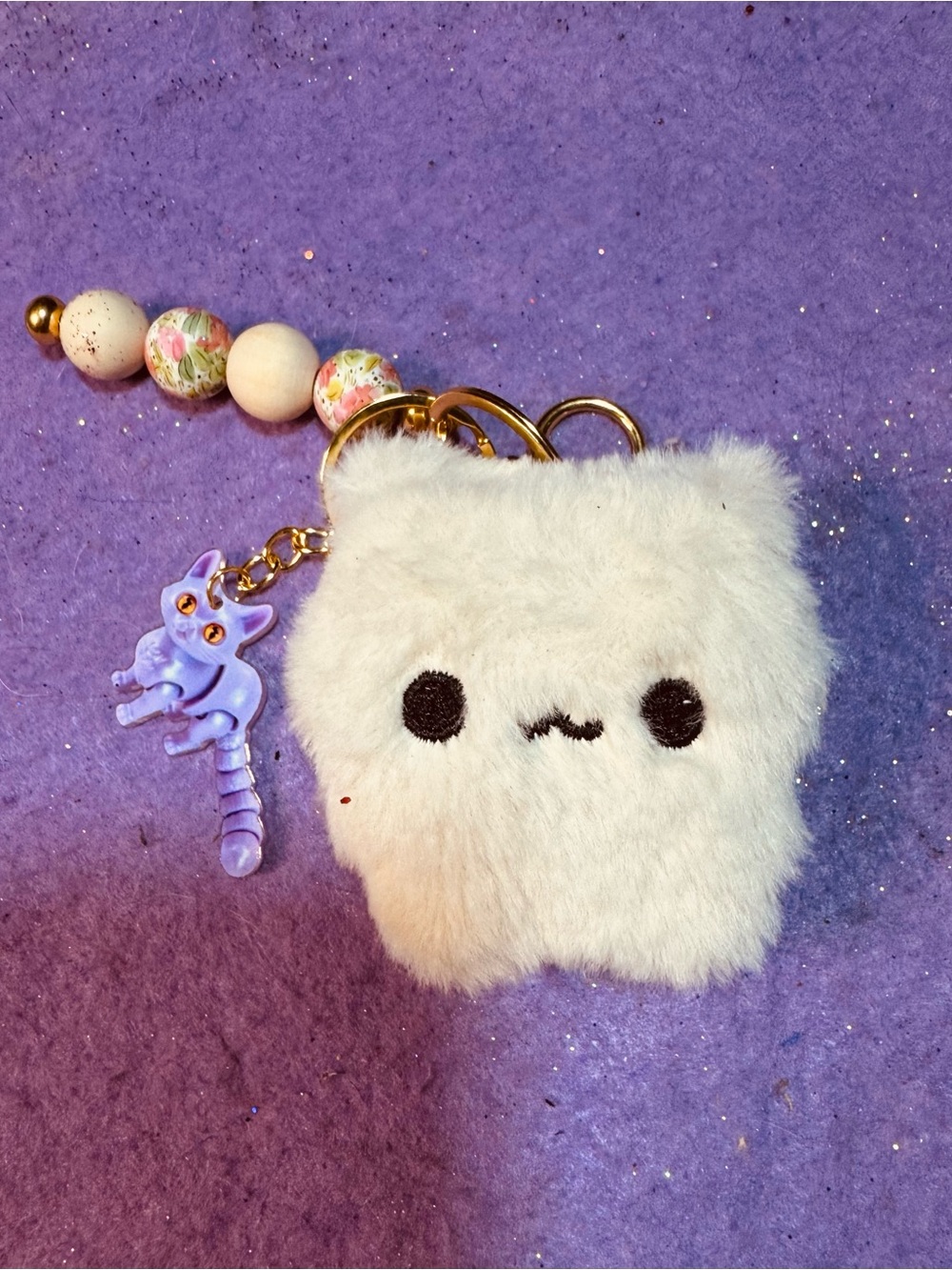 Plush White Kawaii Cat Keychain with Bead Strap